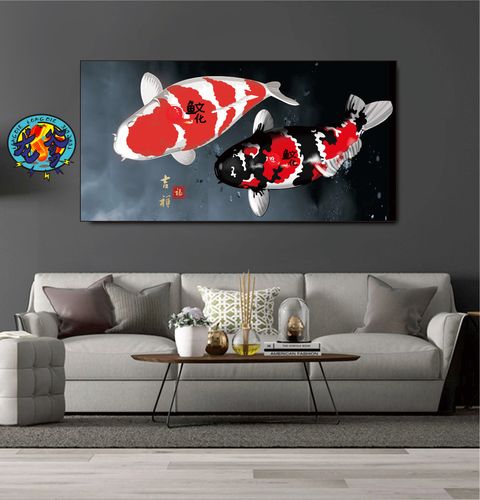 锦鲤装饰画客厅平面印刷油画布观赏鱼有框喷绘简约现代单幅水族画